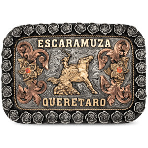 A custom rodeo belt buckle for women featuring an escaramuza cowgirl with personalized lettering, silver roses frame 